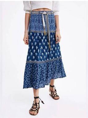 Zara Boho Blue Printed Maxi Skirt with Tassel Tie